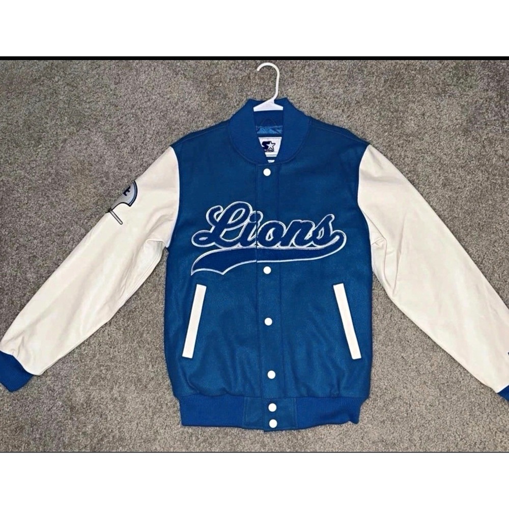 Starter Detroit Lions NFL Football Varsity Jacket Blue/White Size S Jacket NWOT